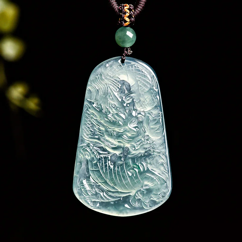 Real Natural Blue Water Ice Seed Jade Zodiac Loong Pendant Carved Charm Jadeite Jewelry Fashion Amulet Amulet Gifts Men Women