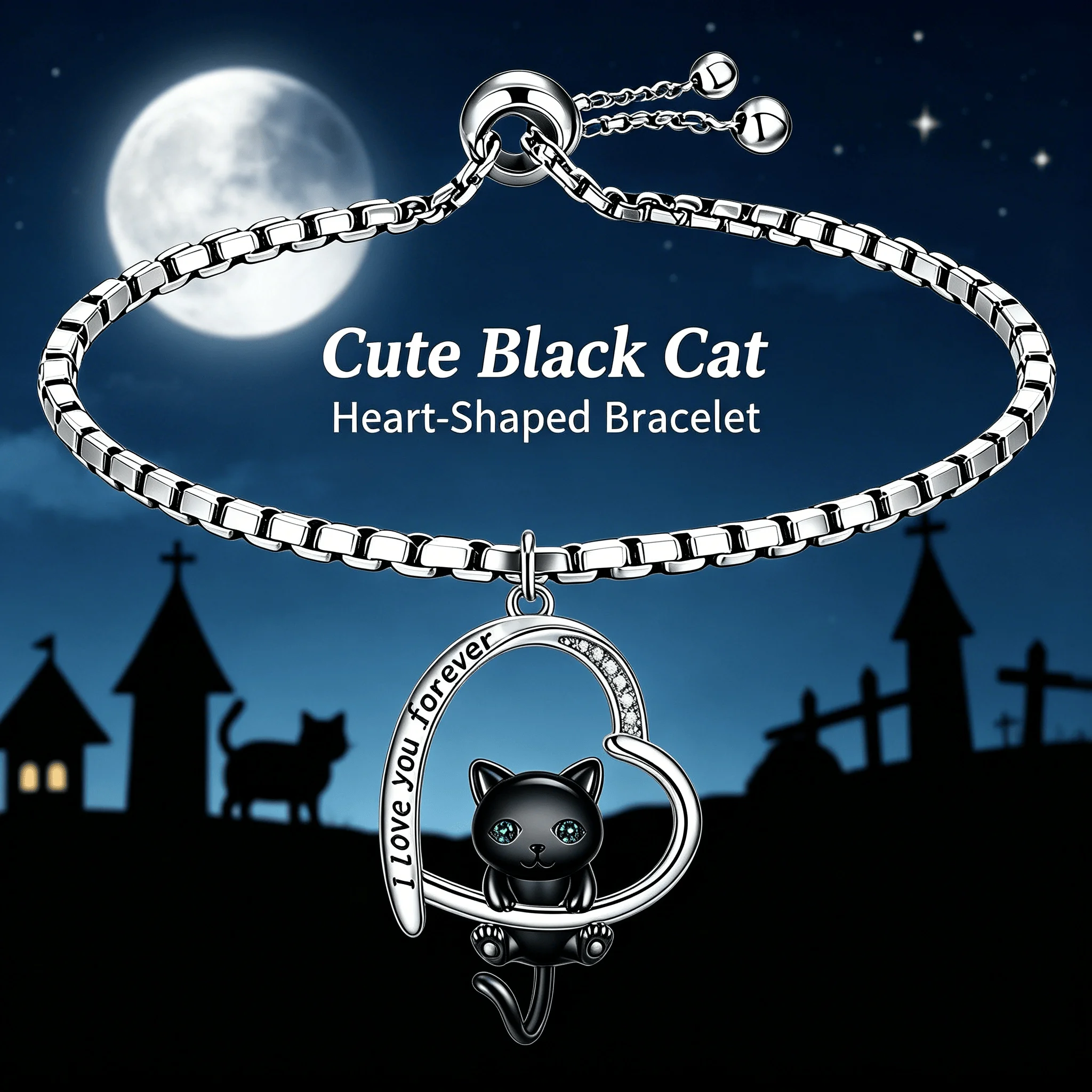 Cute Black Cat Heart Adjustable Bracelet I Love You Forever Engraved Pet Lover Gothic Sweet Women Casual Memorial Daily Jewelry