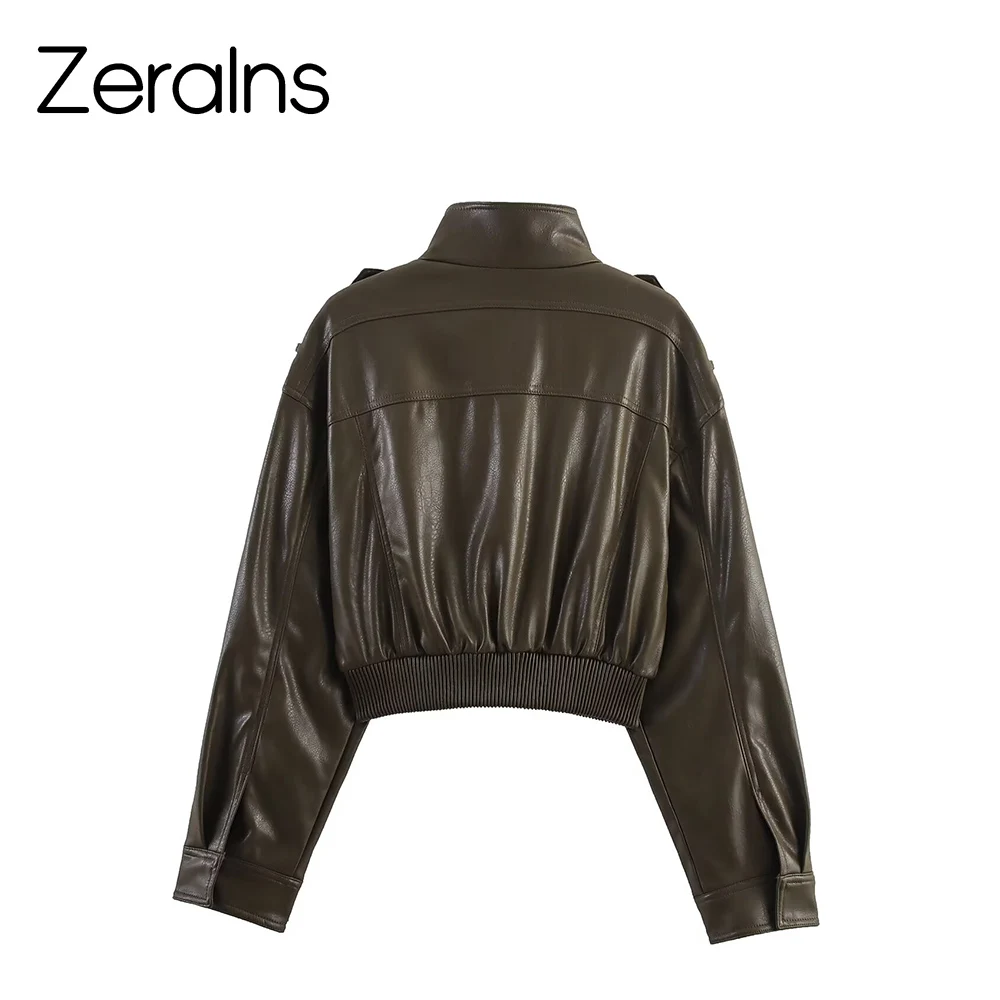 ZERAINS خريف جديد المرأة عادية جيب حزام الديكور سطح لامع تقليد الجلود الوقوف طوق سترة قصيرة بأكمام طويلة