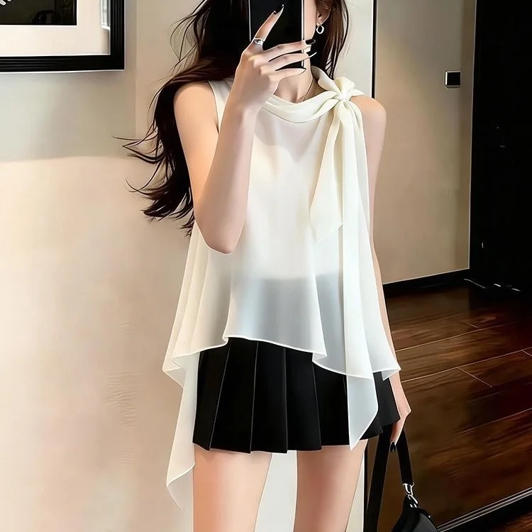

Elegant Pure Color Summer Shirt Knot Sleeveless Asymmetrical Women's Premium Quality Top Commute Style Loose Fit