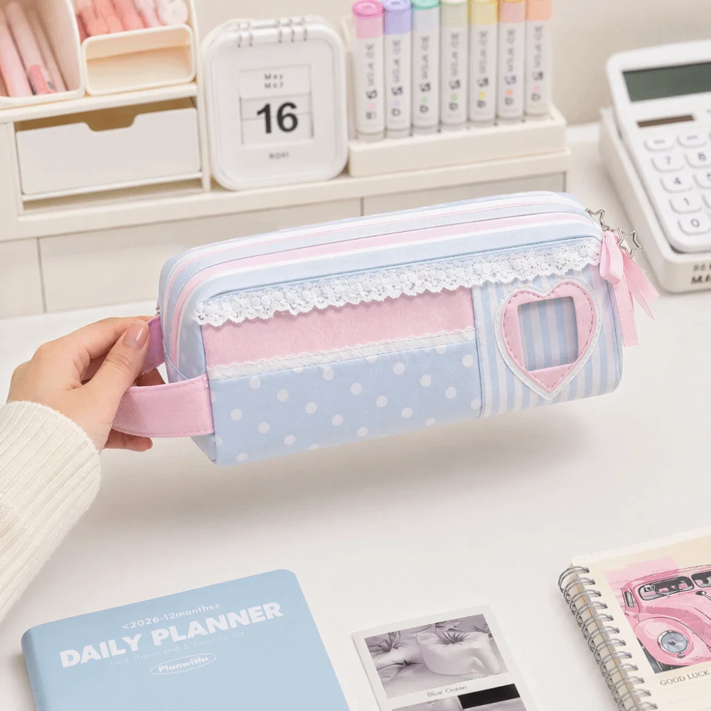 Multi Function Pink Blue Pencil Case Polka Dot Design Large Capacity Pen Bag Pencil Pouch Gift