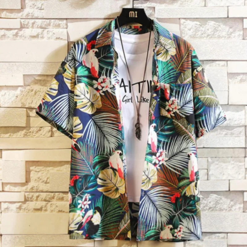 High Quality Japanese Hawaiian Blossom Shirt Summer Short Sleeve Men\'s Loose Vintage Beach Blossom Shirt Thin Coat D0079