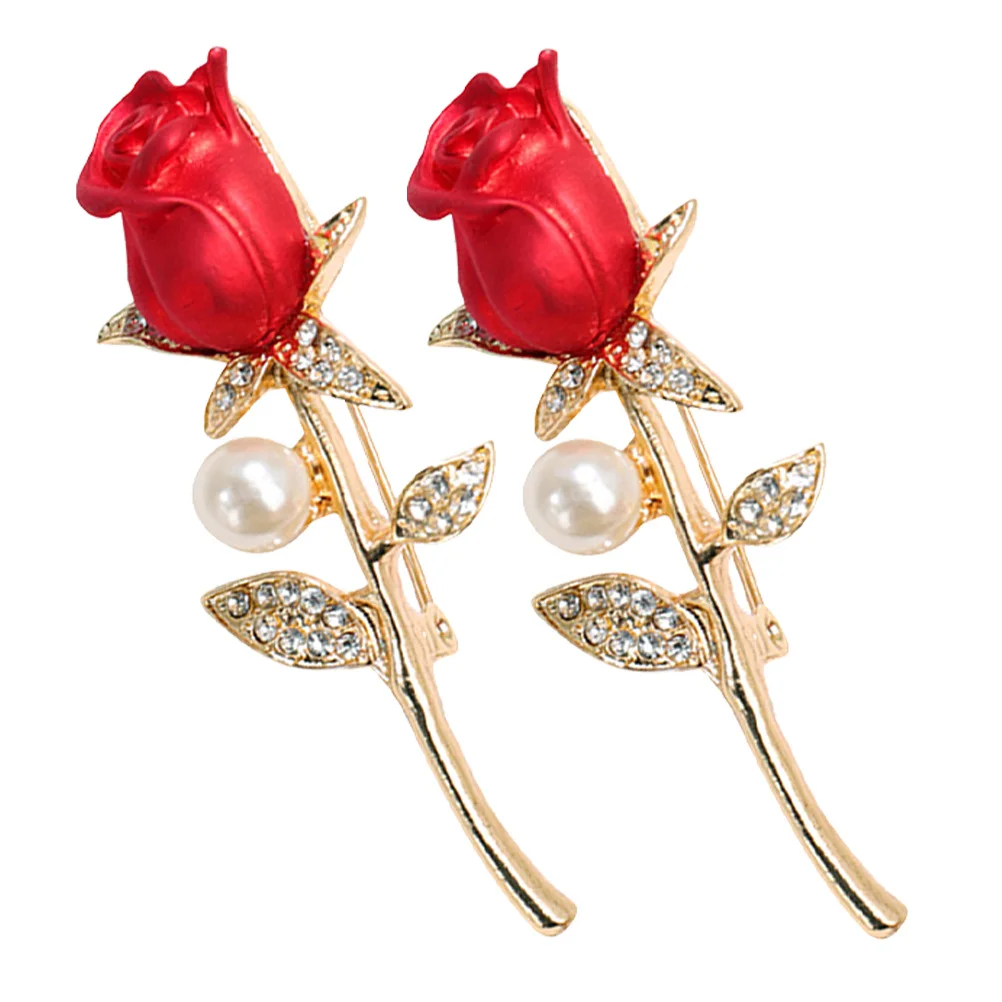 

2pcs Red Rose Brooch Floral Shoulder Corsage For Wedding Anniversary Banquet Party Formal Events Women Men Alloy Rhinestone
