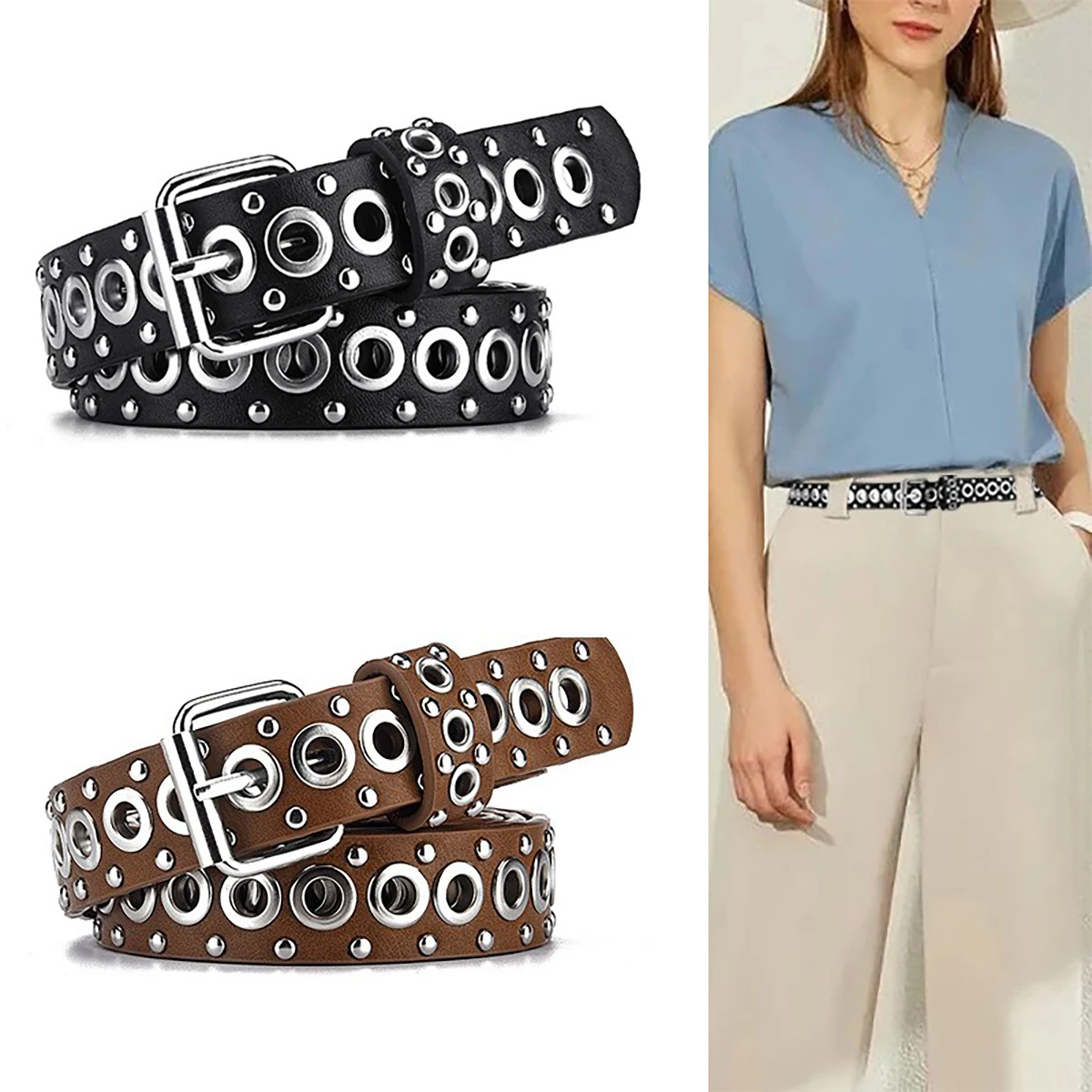 Women's Belt Trend Rivet Thin Belt Men's Belt Punk Hip Hop Rock Y2K Style Belt Jeans Belt Soft PU Leather Belt