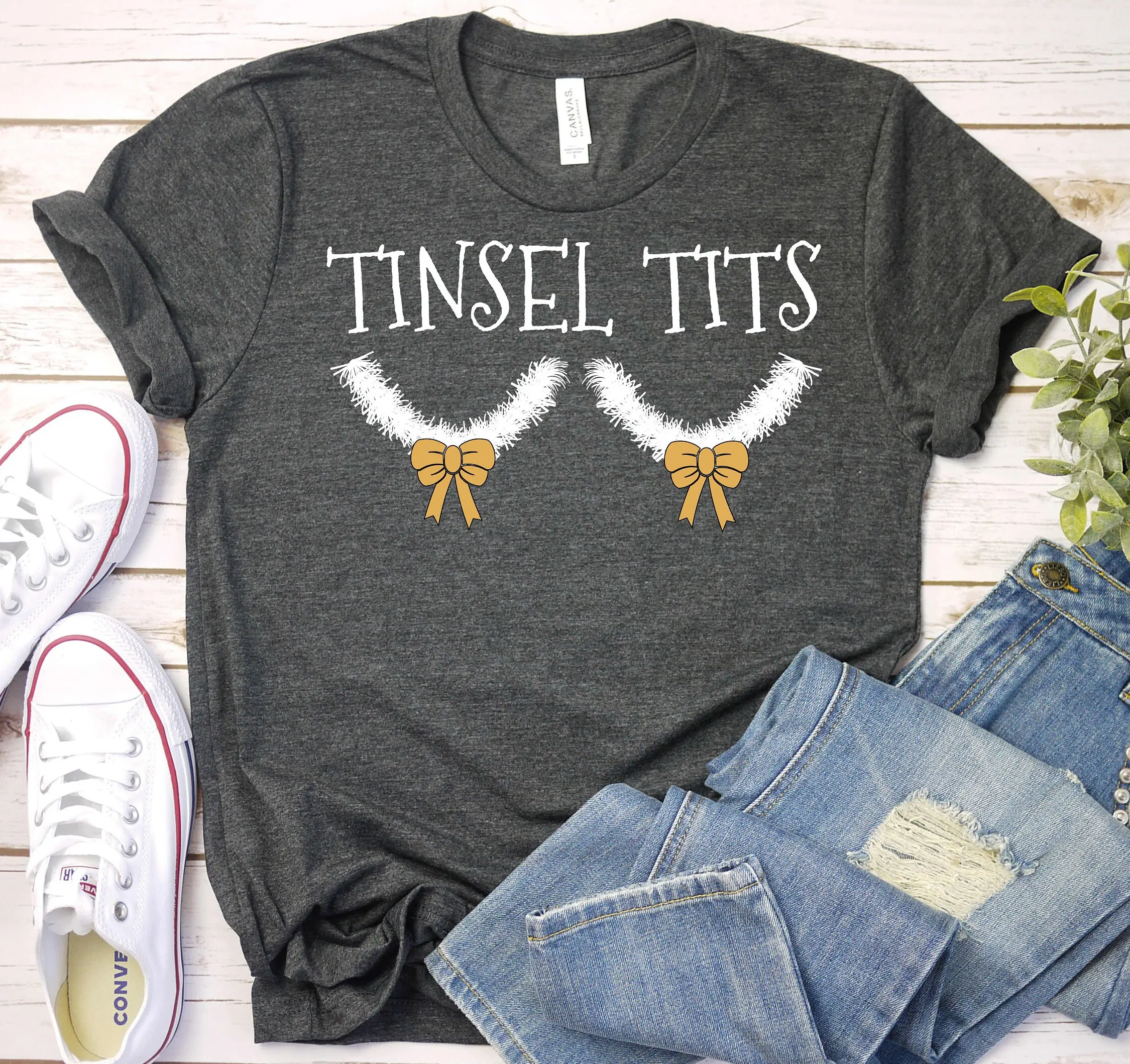 Tinsel Tits Funny Christmas T Shirt For Women Family Xmas Matching Couple Jingle Balls