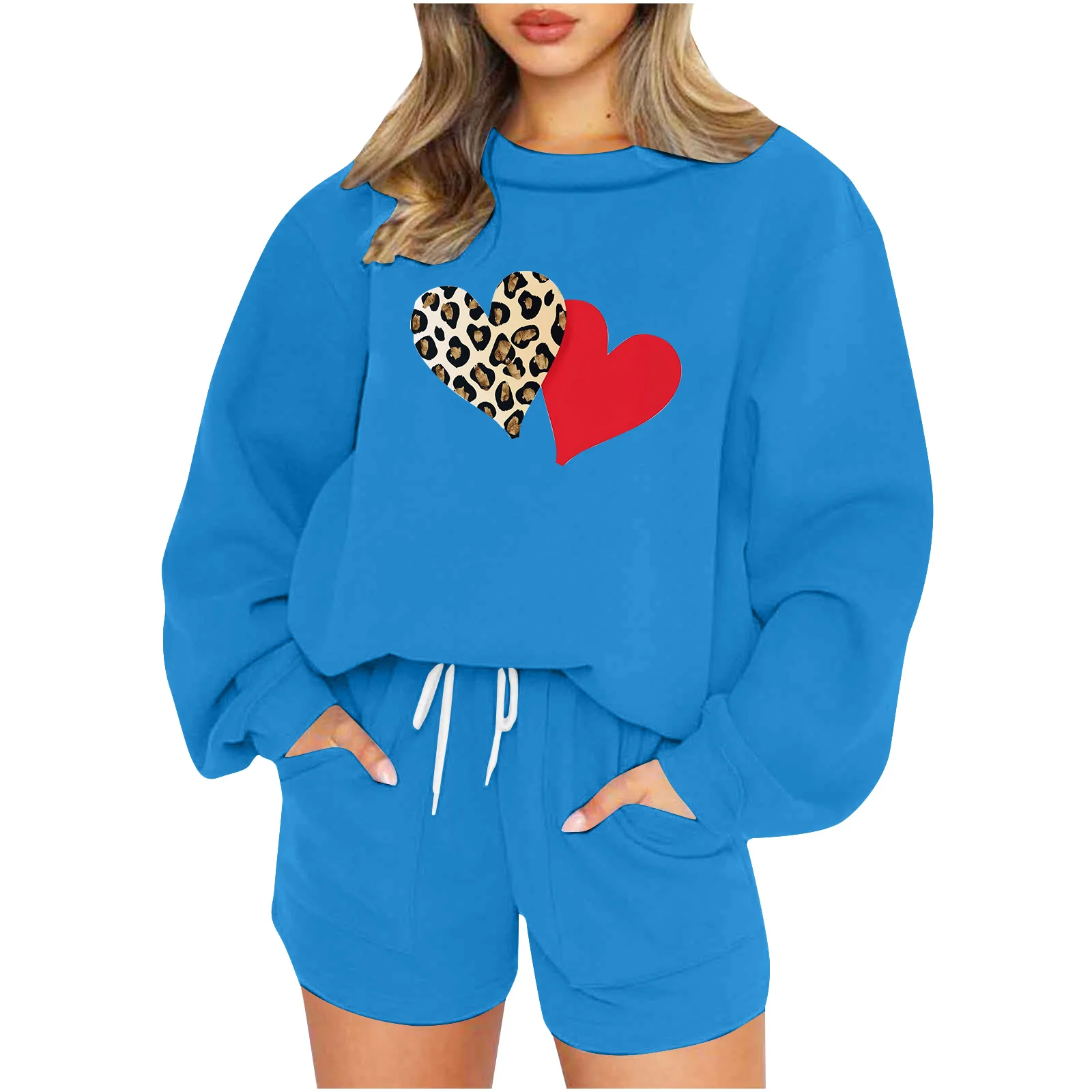 

Love Print Short Two Piece Set Women Fashion Long Sleeve O Neck Pullover Sweatshirt Drawstring Shorts Sporty Style 2 Piece Sets