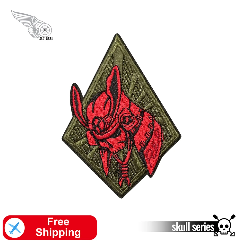 Red Japanese Samurai Skull Embroidered Patches for Clothing Quadrilateral Handsome Soldier Iron on Patches Military Sewing DIY