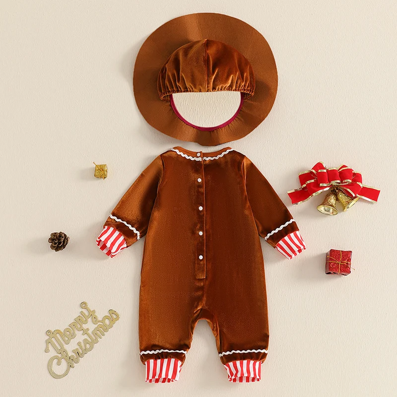 Baby Christmas Romper Set Long Sleeve Crew Neck Jumpsuit with Hat Gingerbread Man Clothes