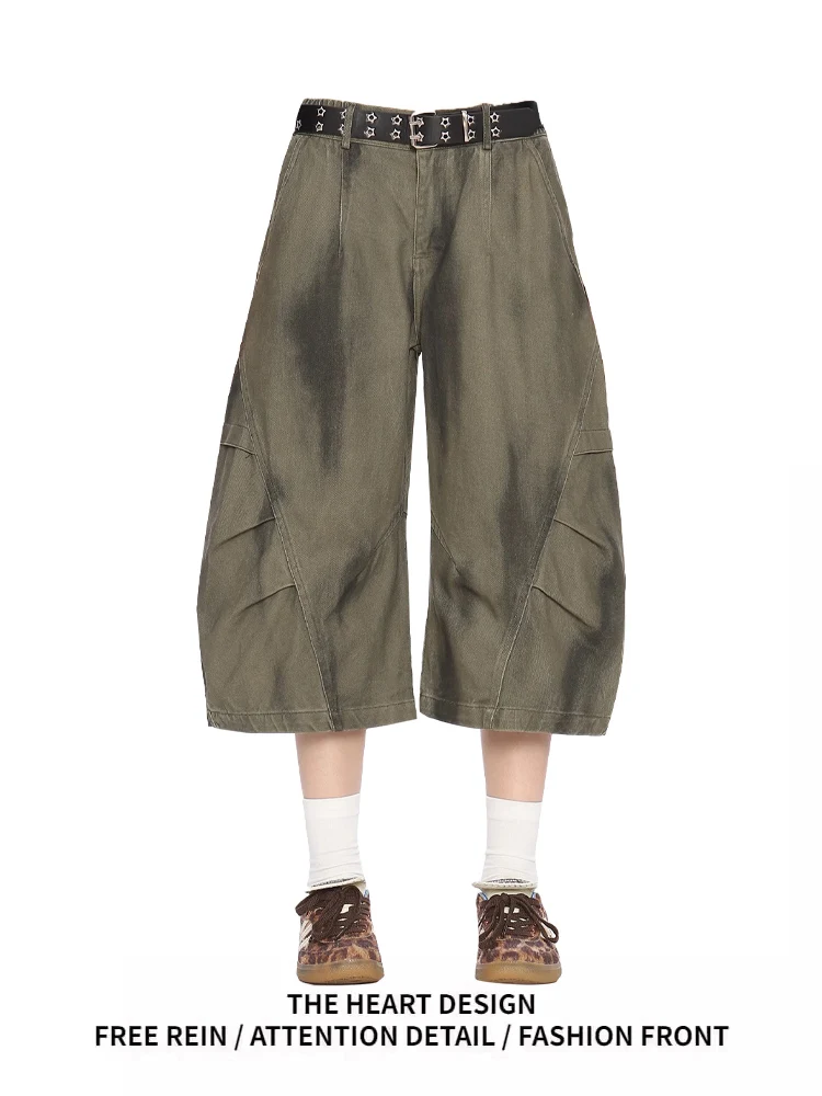 

Женские летние брюки в стиле ретро в американском стиле, новые сложенные широкие брюки с ножом, семь брюк, рабочая одежда с крашением грязи, джинсы