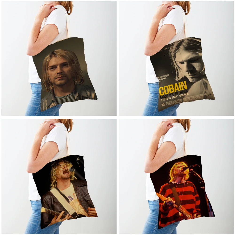 Kurt Cobain Shopping Bags Rock Roll Music Shopper Supermarket Bag Design Women Handbag Eco Portable Convenient Storage Tote