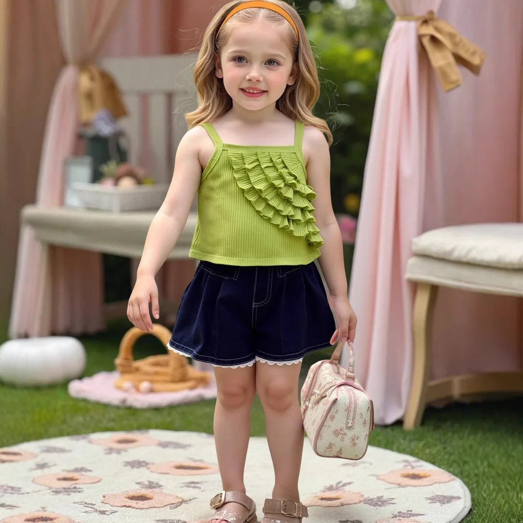 2025 Summer New Girls Floral Lace Knitted Vest Denim Shorts Baby Foreign Style Two-piece Set Fashion Simple