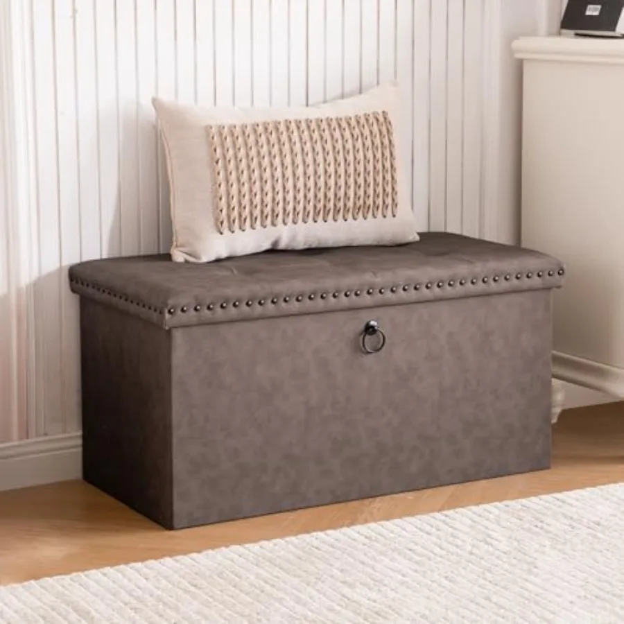 

Складная скамья-пуф для хранения с заклепками, 30 дюймов, 15 x 30 x 15 дюймов, прикроватная скамья-пуф, тумба для хранения, L-образная