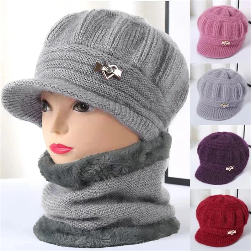 Women Knitted Hat Winter Warm Comfortable Soft Ladies Wool Caps Clothing Accessories Practical Convenient Femme Scarf Set