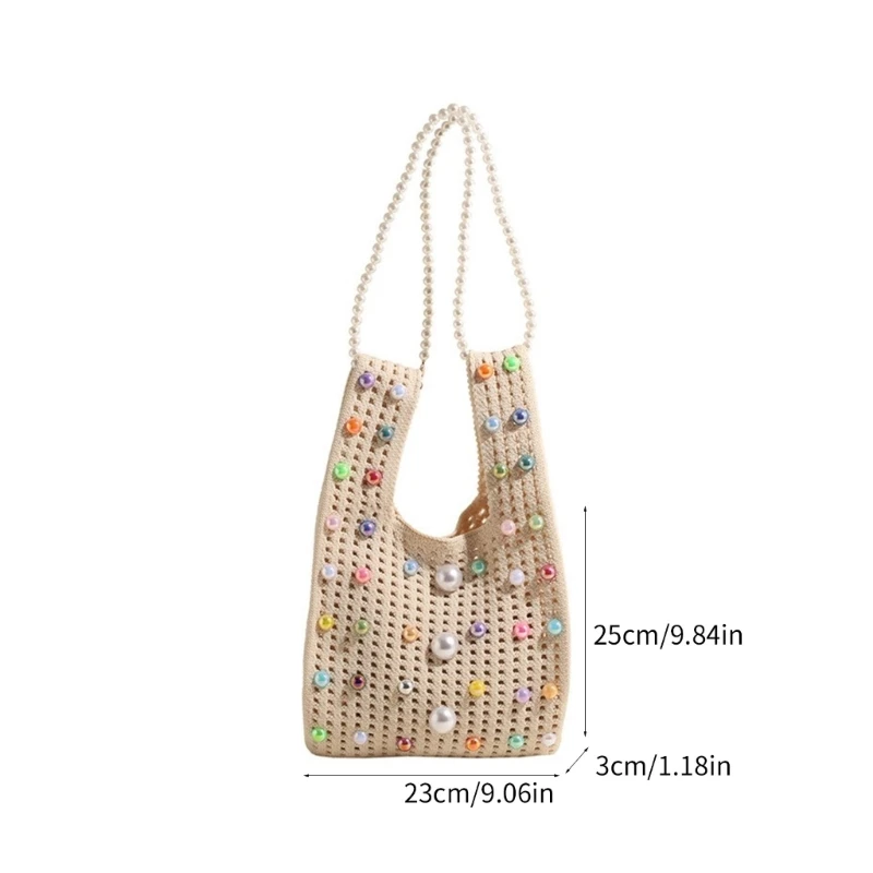 Contemporary Hollow Out Knitted Small Handbag with Beaded Chain Single Shoulder Bucket Bag Perfect for Any Occasion