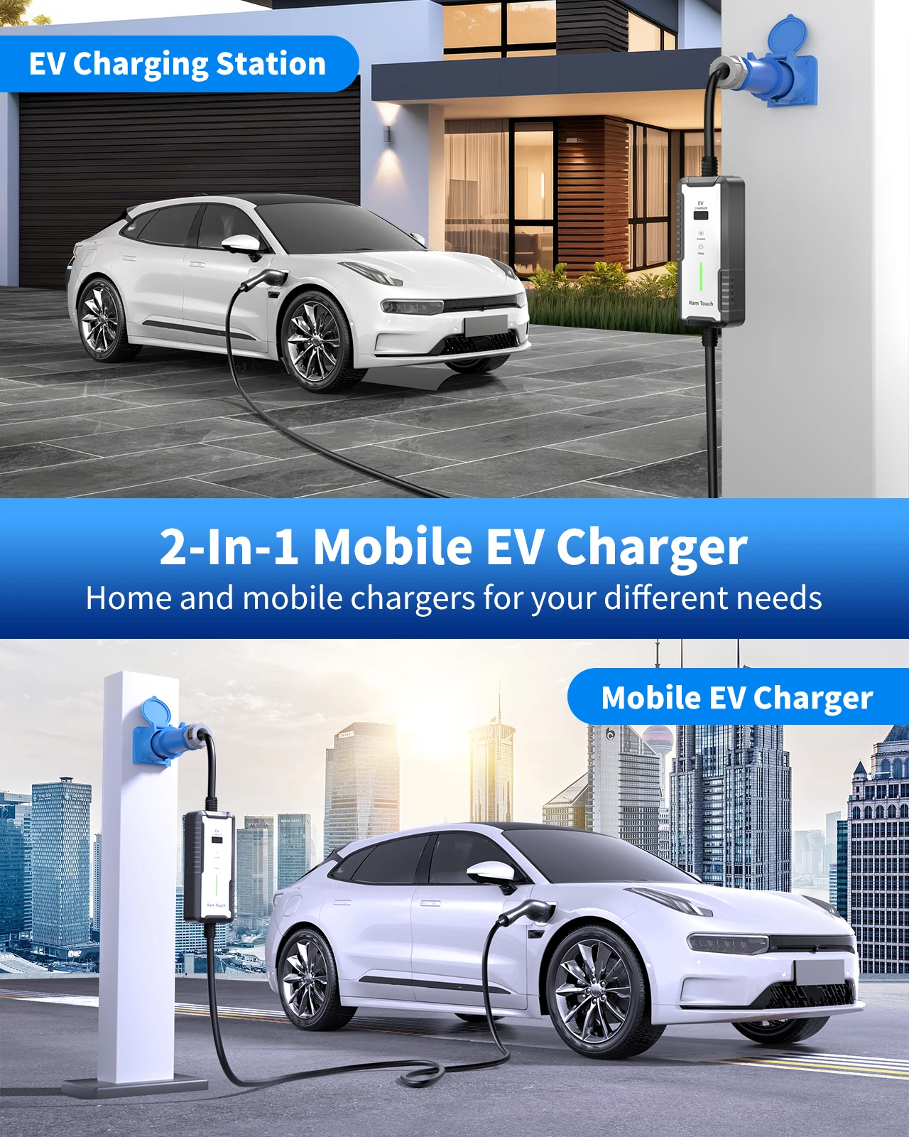 شاحن سيارة كهربائي RamTouch (7.4 كيلو وات، النوع 2، قابس CEE 32 أمبير، 6 متر)، شاحن EV محمول مع تيار قابل للتعديل (8 أمبير - 32 أمبير) / تأخير