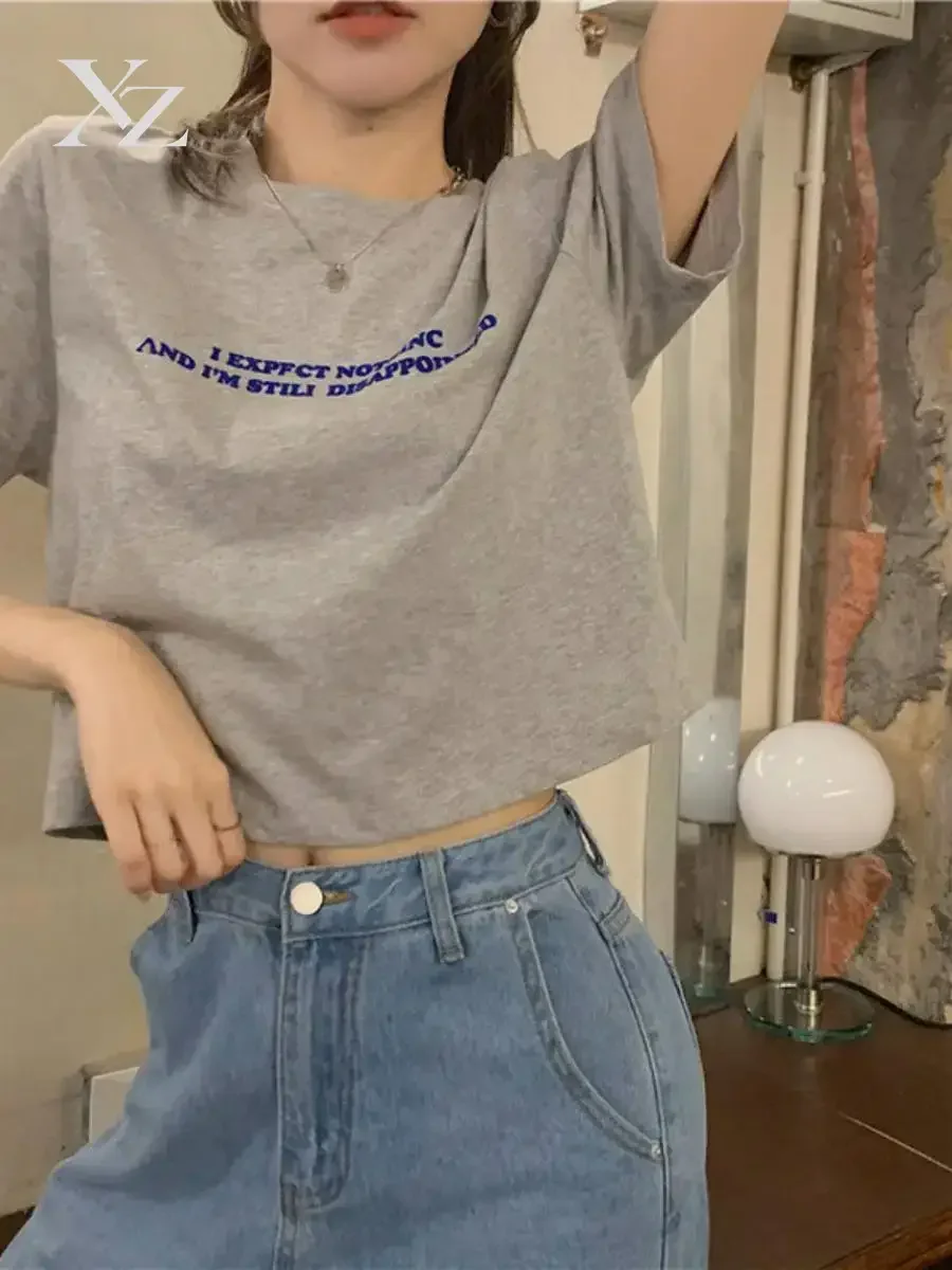 Hot Sale Summer Loose Short Sleeve T-Shirt Women's Korean Style Printed Letter Top Casual Commute Round Neck Length