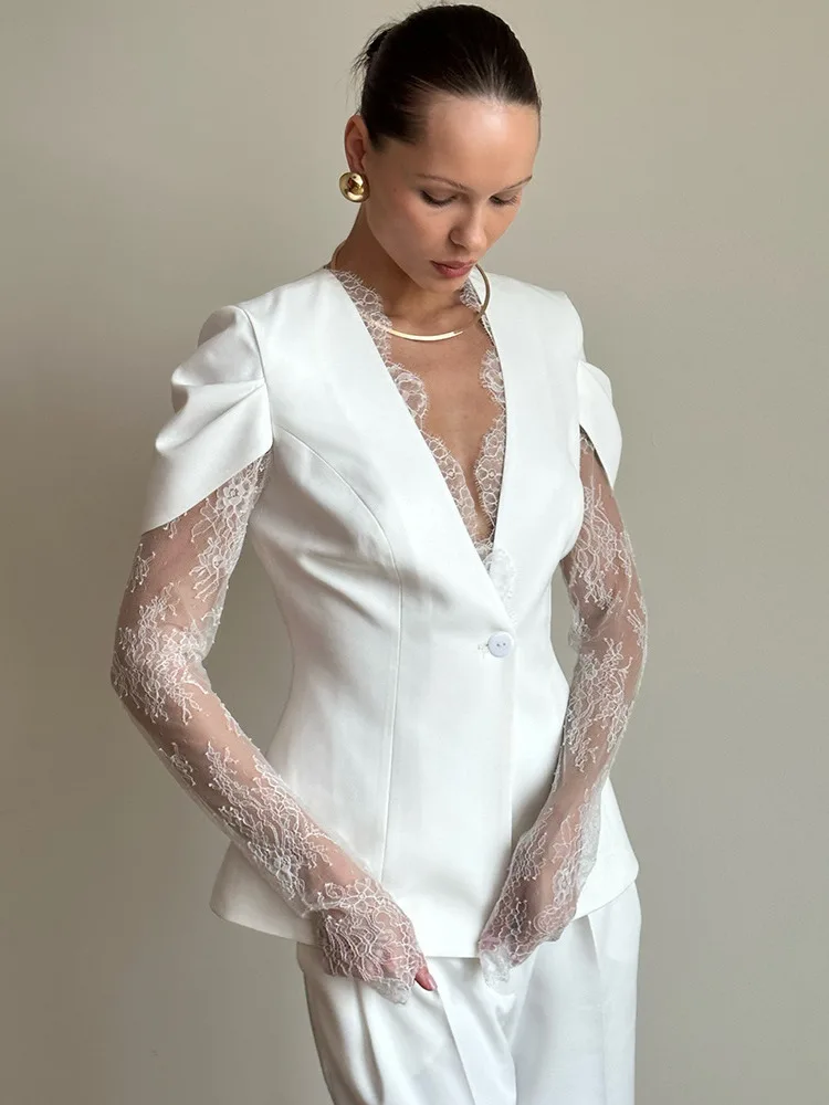 

Mozision кружевной лоскутный сексуальный пиджак женский элегантный глубокий v-образный вырез прозрачный с длинным рукавом на одной пуговице клубные пиджаки пальто