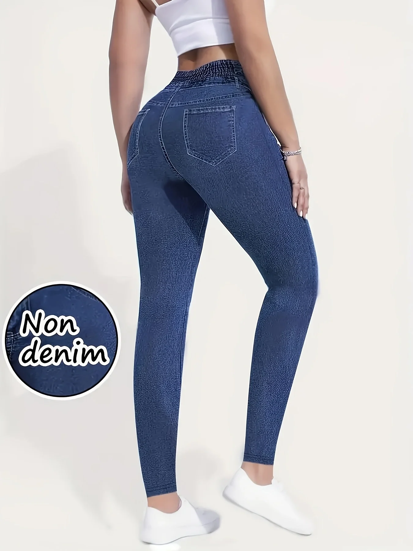 Bedruckte Damenleggings, kein Denim-Stoff, Design mit Scheintaschen und Knöpfen, hochelastische, modische, schmal geschnittene, lässige Skinny-Hose – Detail 3