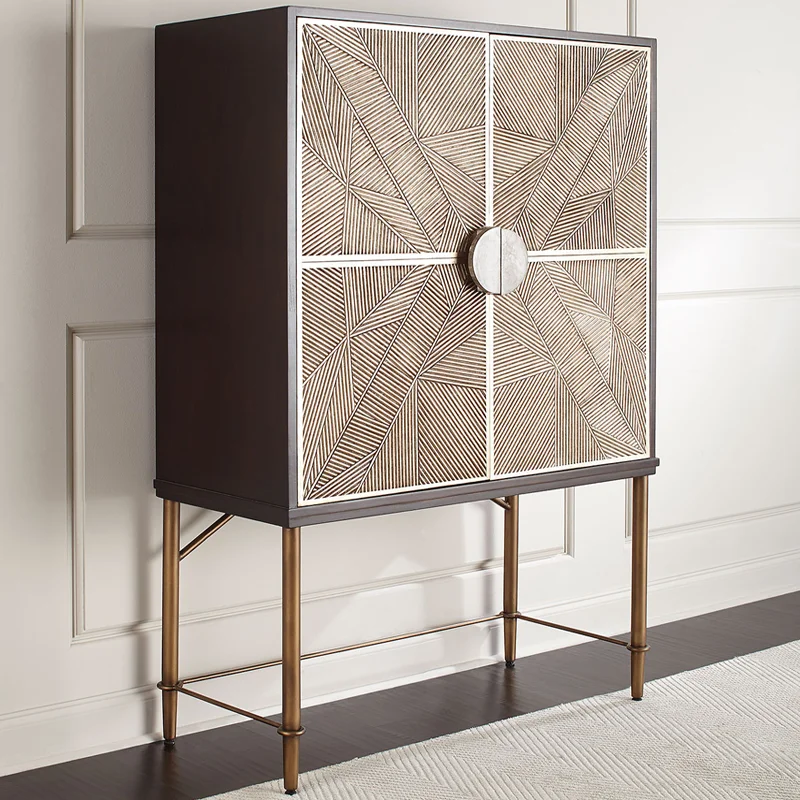 

02 Light Luxury Solid Wood Wine Cabinet Living Room Against The Wall Stainless Steel Decorative Model Room Dining Side Cabinet