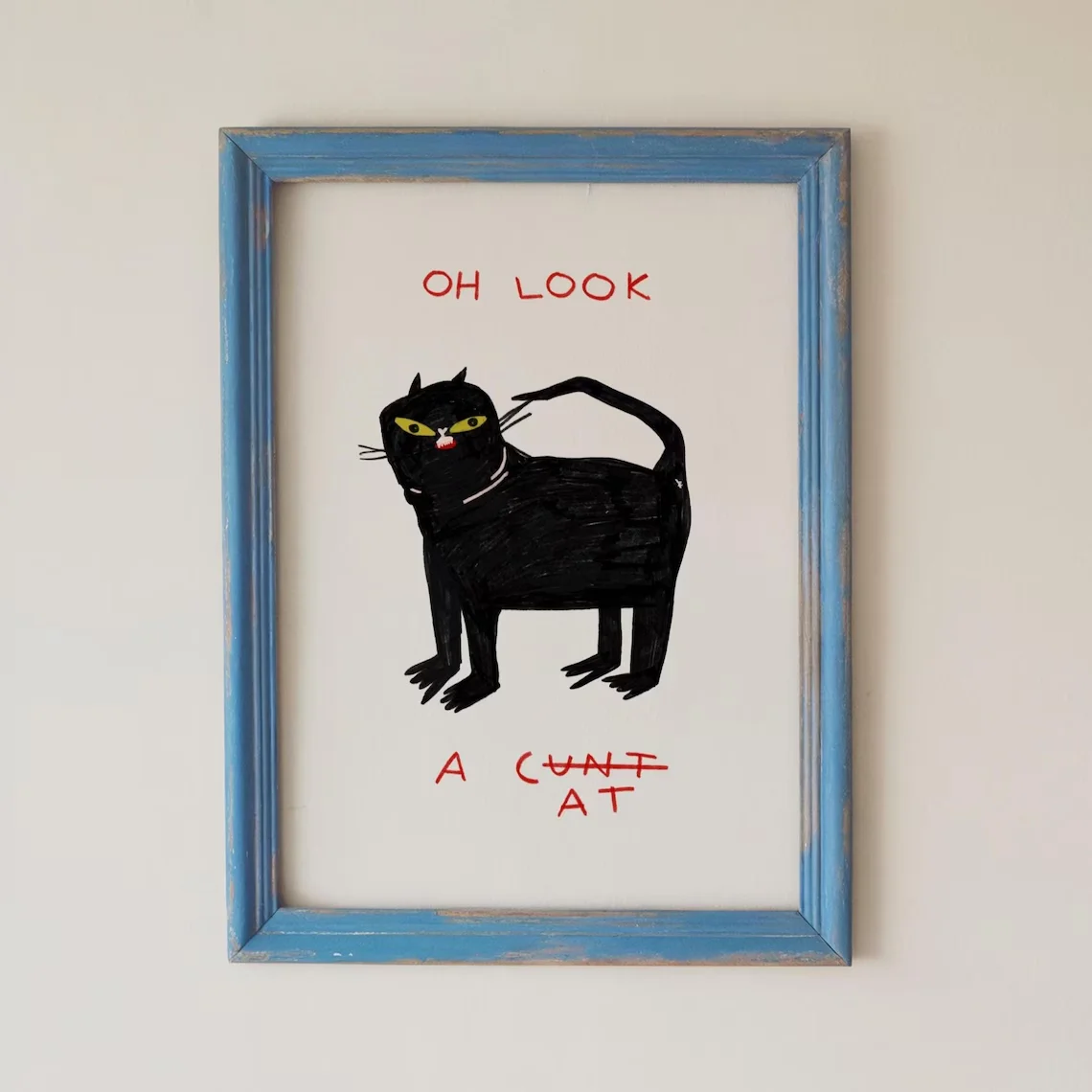 „Verspielte, skurrile schwarze Katze, Wanddruck-Dekoration – schrulliges, humorvolles Kunstposter für eklektische Wohnzimmer-Akzent, gemütliche Schlafzimmer-Wanddekoration