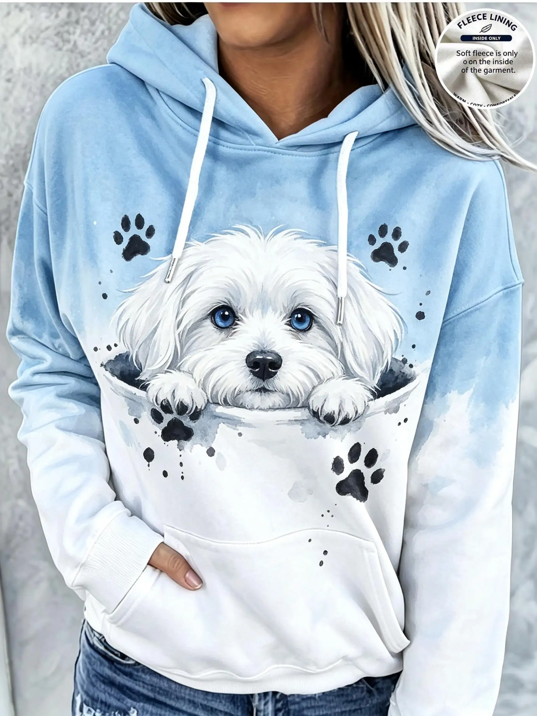 Women Fleece Hoodie Gradient Puppy Paw Print Long Sleeve Hooded Sweatshirt Cute Dog Loose Pullover