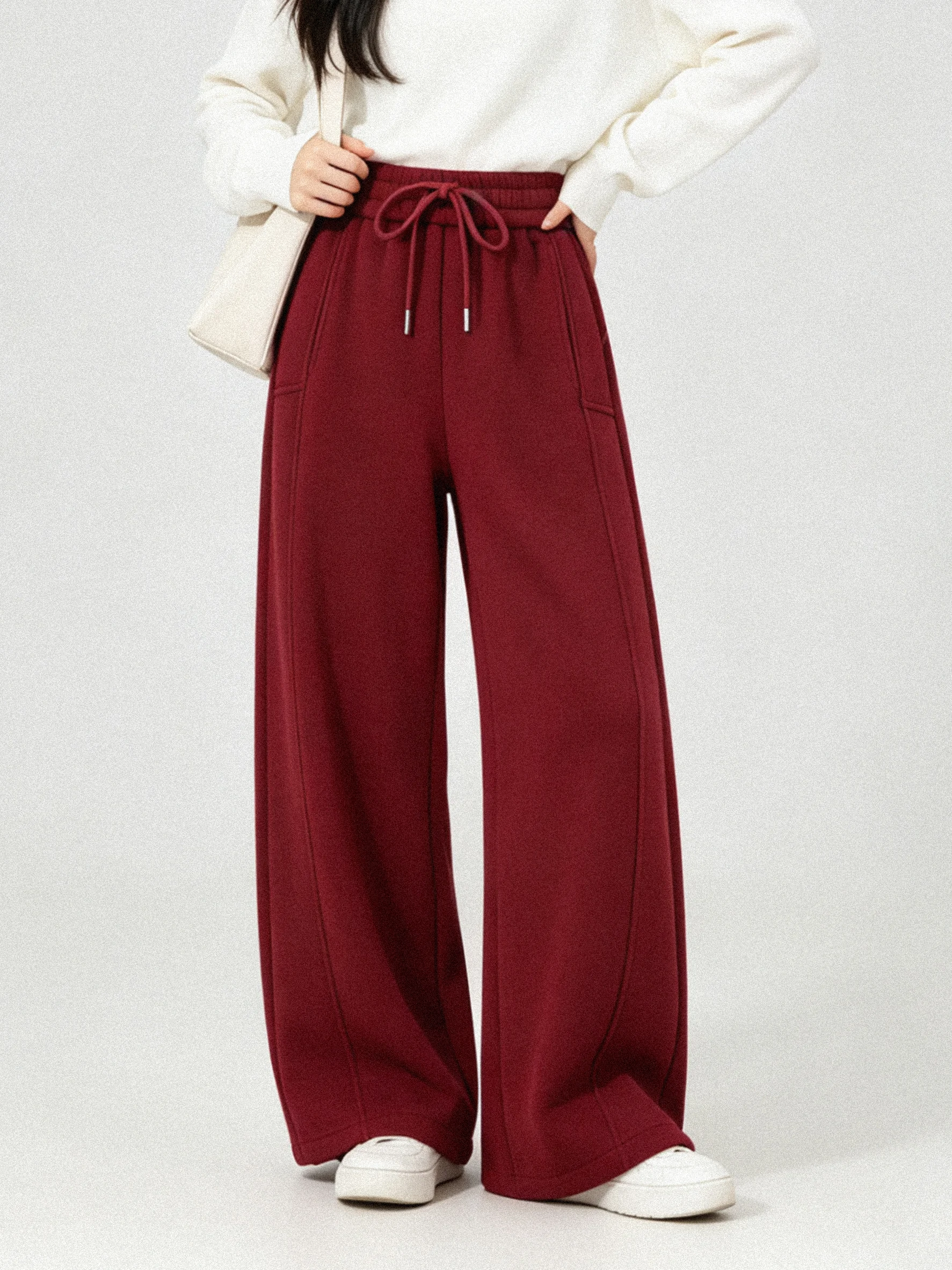 Fleece Lined Wide Leg Sweatpants Korean Style Simple Design Winter Warm Skin Friendly Sports Long Trousers Slimming Effect