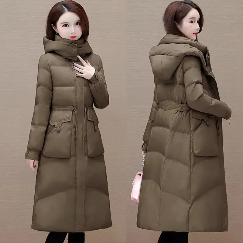 

Зимнее женское хлопковое стеганое пальто с капюшоном, корейская женская мода, парки с длинными рукавами, верхняя одежда, 2025 г., женская однотонная куртка-пуховик