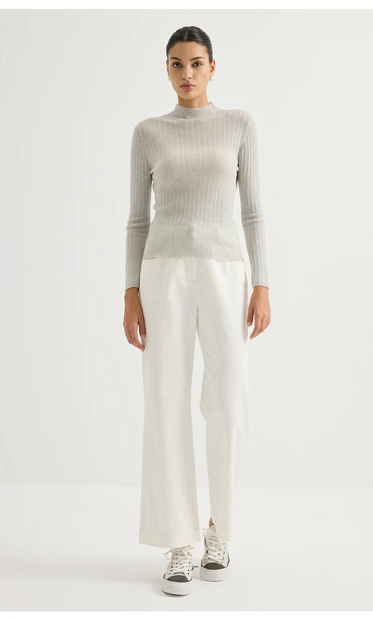 BL3621732 Damen-Pullover mit Stehkragen aus Wollmischung, Lurex, gerippt, langärmelig, mit Wellenkragen, seitlicher Kette und metallischem Glanz für den Herbst – Detail 7
