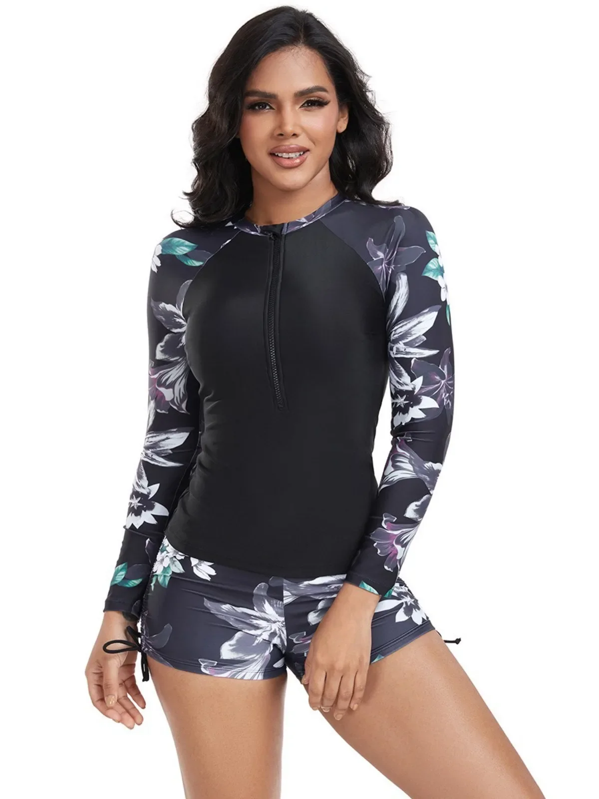 スポーツ水着 レディース プリント ツーピース サーフィンスーツ 長袖 コンサバティブ ハイウエスト ジッパー ビキニセット 水着 2025年新作