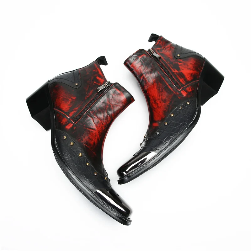 Designer Metal Square Toe Cowboy Motorcycle Short Boots Male Big Size Rivets Genuine Leather Ankle Boots Business Formal Shoes
