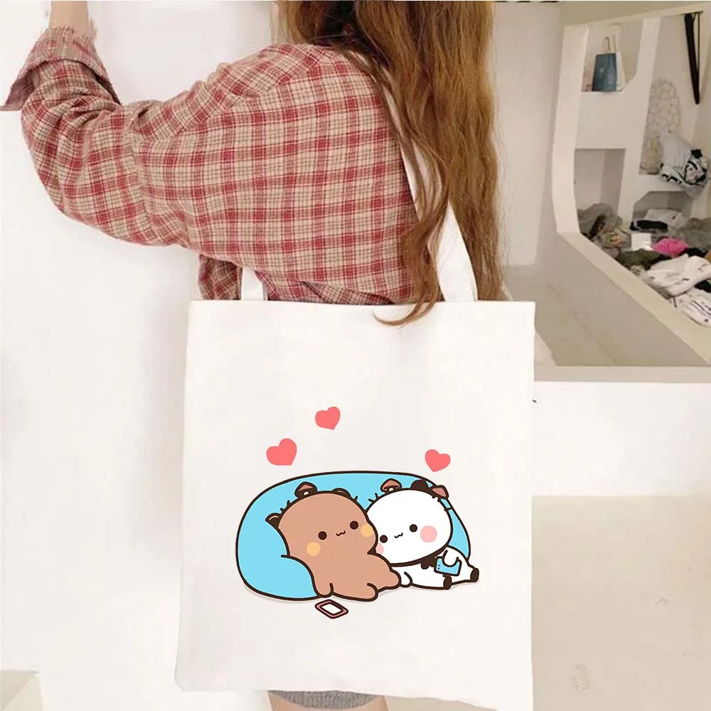 Cute Kawaii Panda Bear Shopper Canvas Tote Bag Brownie Bear Bubu Dudu Lovely Couple Anime Harajuku Foldable Shopping Bag Handbag