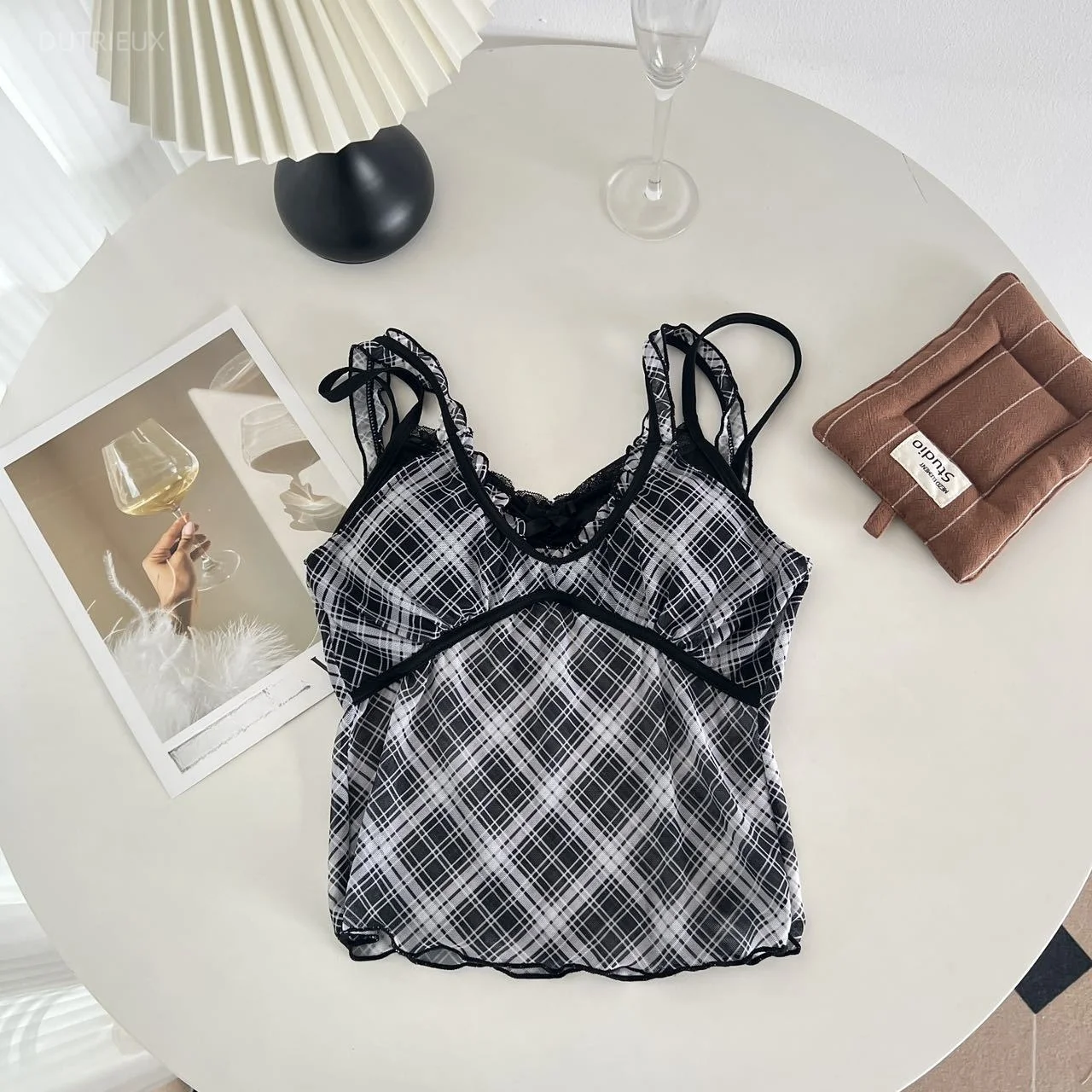 Hit Color Plaid Ropa Mujer Lace Spliced Tops 2026 Fake Two Pieces Women's Tanks Sexy Spice Girl Clothes Y2k Fashion Roupa