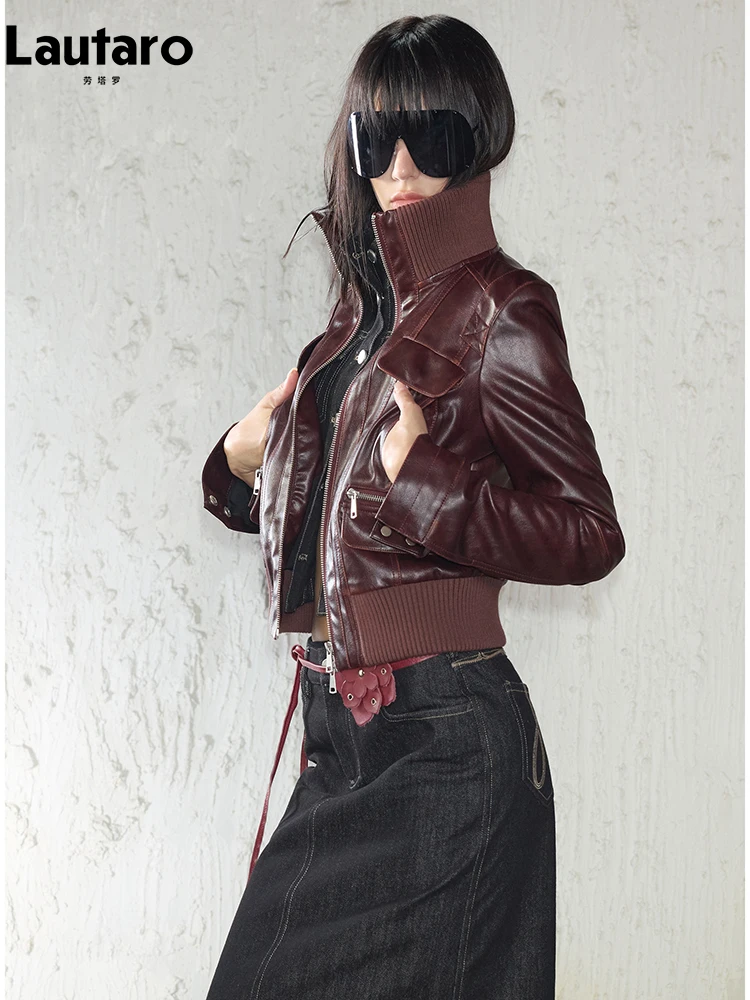 

Lautaro Spring Autumn Short Distressed Pu Leather Jacket Women Luxury Designer Punk Style Clothes European American Fashion 2026