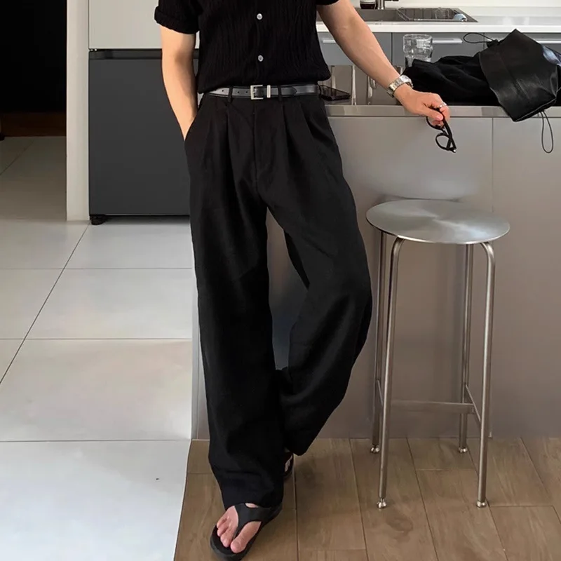 

Lightweight Linen Casual Pants Men Summer New Korean Simple Lazy Pure Color Floor-Length High Street Wide Leg Pants