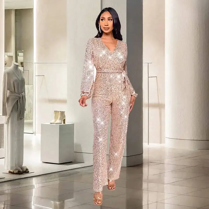 

2026 New Sequin V Neck Long Sleeve Jumpsuit Women Pink Slim Fit Waist Belt Design Multi Color Options Fashion Style
