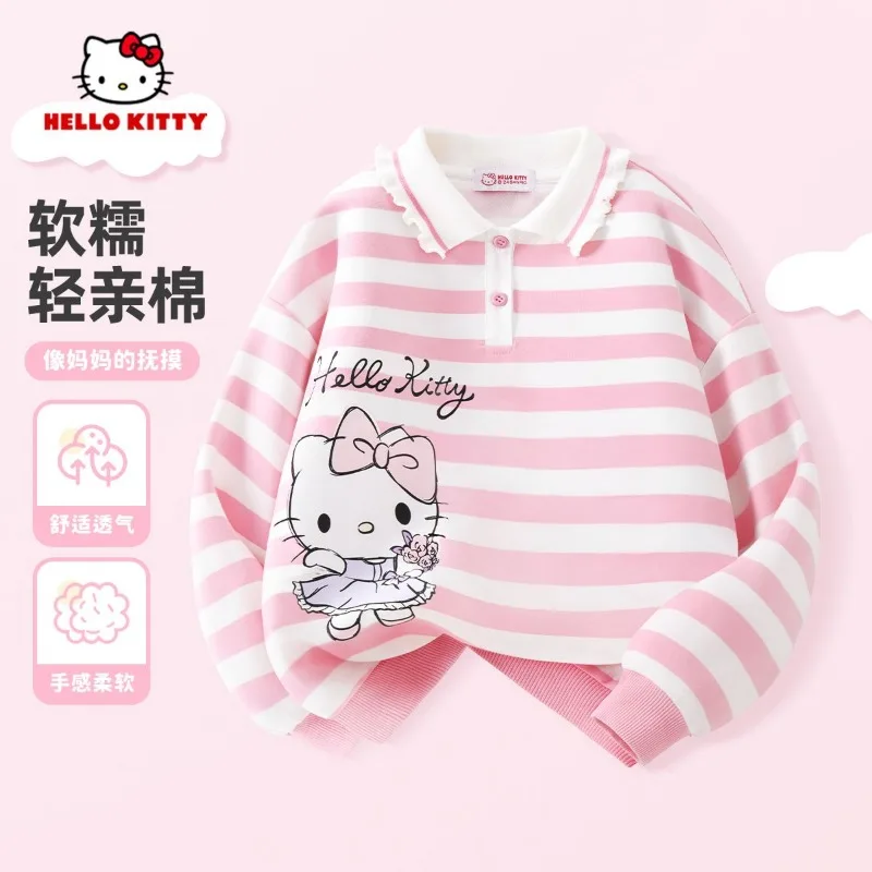 

Новый Sanrio аниме милый мультфильм Hello Kitty детская осенняя толстовка с воротником-поло kawaii полосатый детский топ подарок оптом