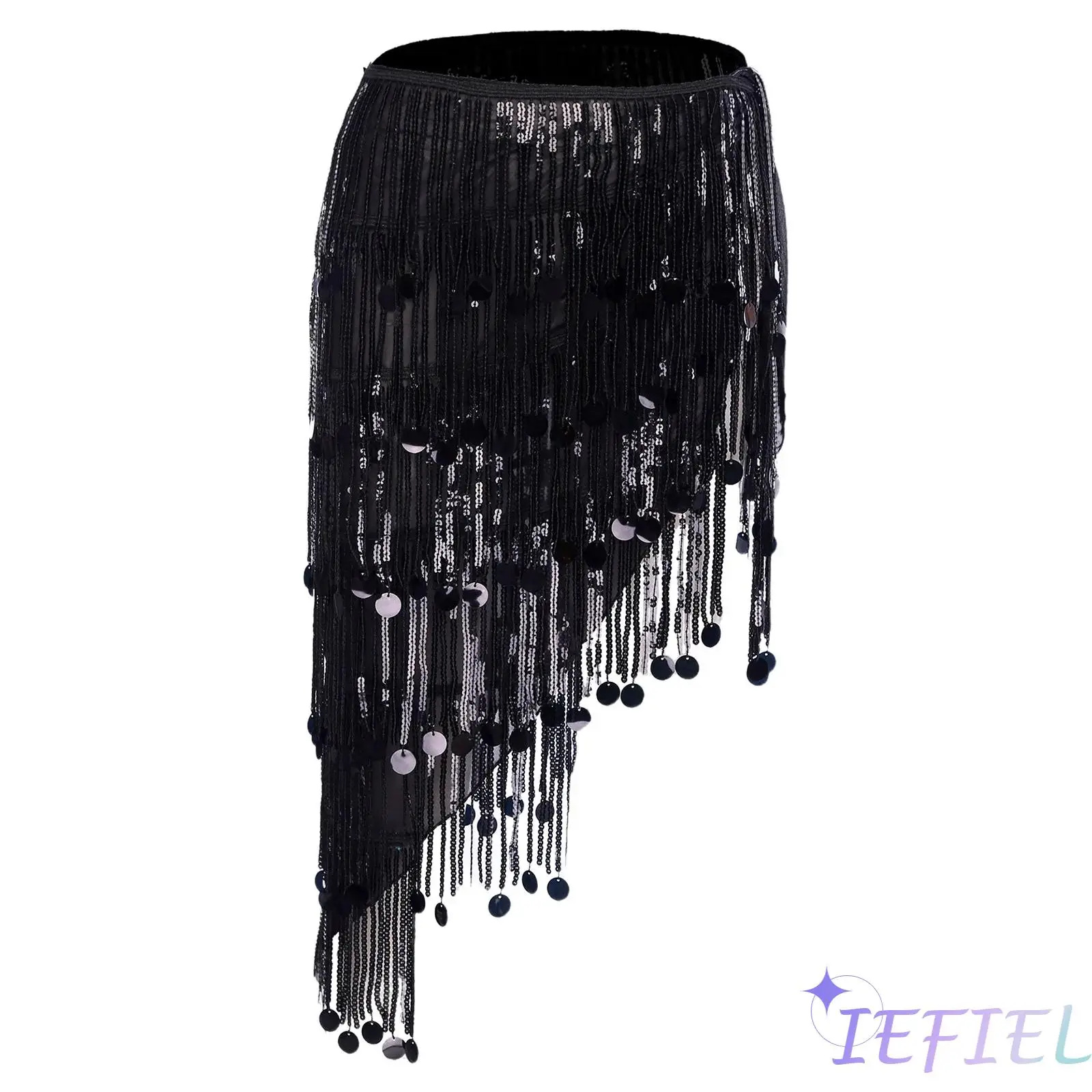 

Womens Glittery Belly Dance Hip Scarf with Sequin Tassels Adjustable Waist Chain Lace Up Skirt for Latin Stage Performance