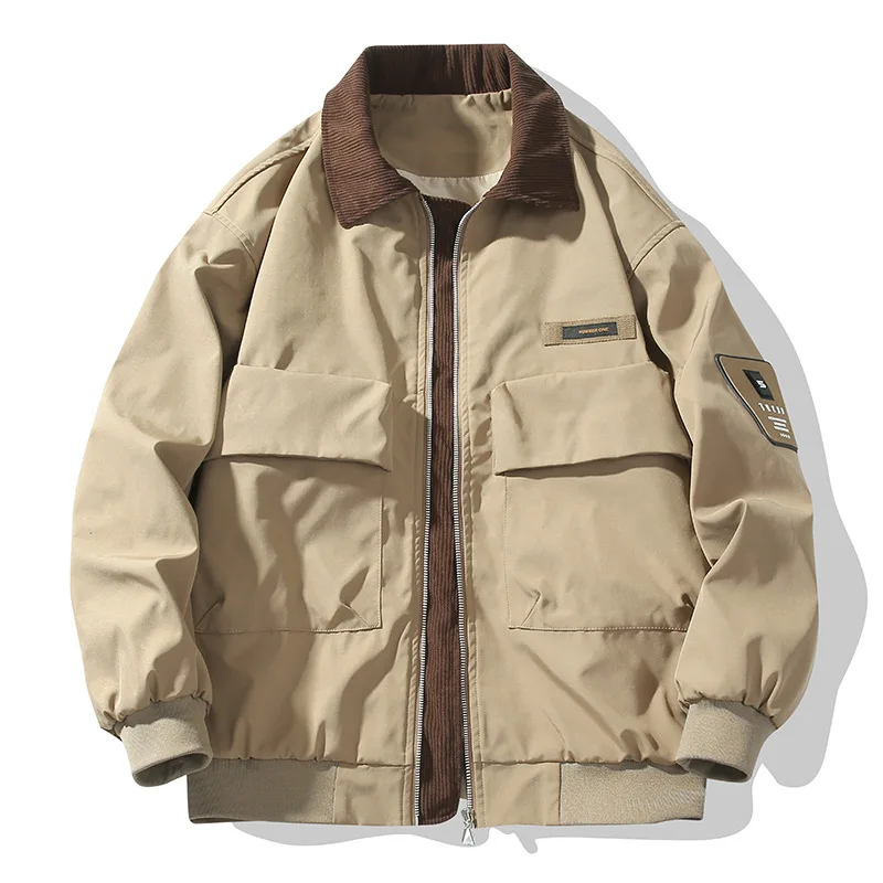 Men Bomber Jacket Autumn Winter High Street Contrast Color Male Cargo Coat Turn Down Collar Long Sleeve Pocket Man Outerwear