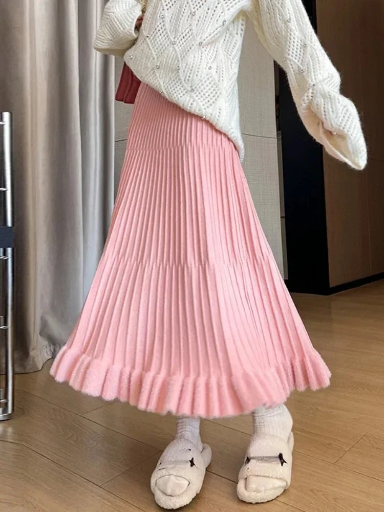

High-Waisted Knitted Skirts women Pink Solid Color A-Line Mid-Length Pleated Skirt Fashion Women's long Skirt Autumn Winter