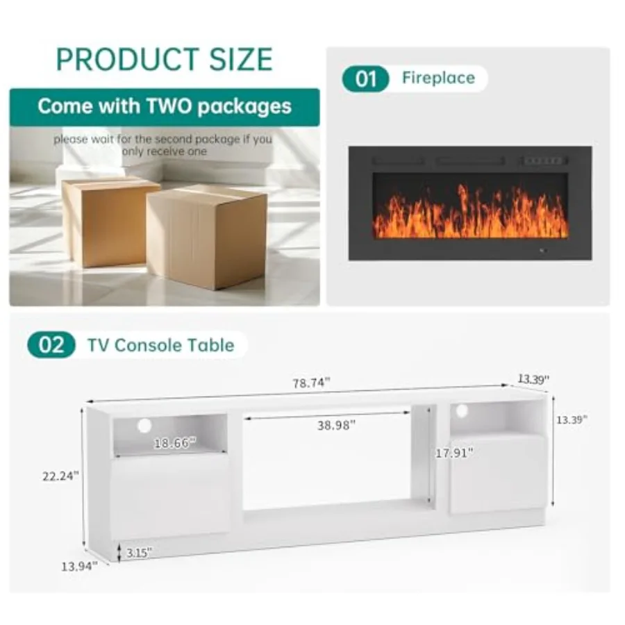 Fireplace TV Stand for TVs up to 90, LED Light Entertainment Center, Modern Wood Texture, Warm Brown, Highlight Storage Cabinet