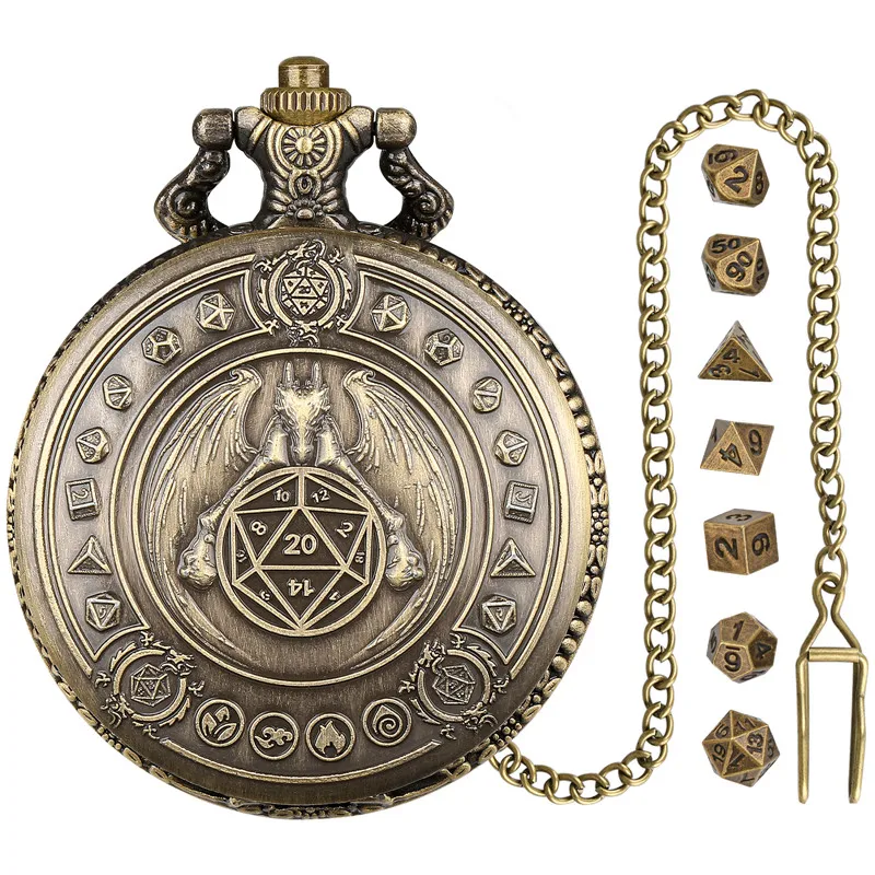 Vintage Dragon Wings Pocket Watch Case with 7pcs Tiny Polyhedral Metal Dice Set Role Playing Board Games Accessories