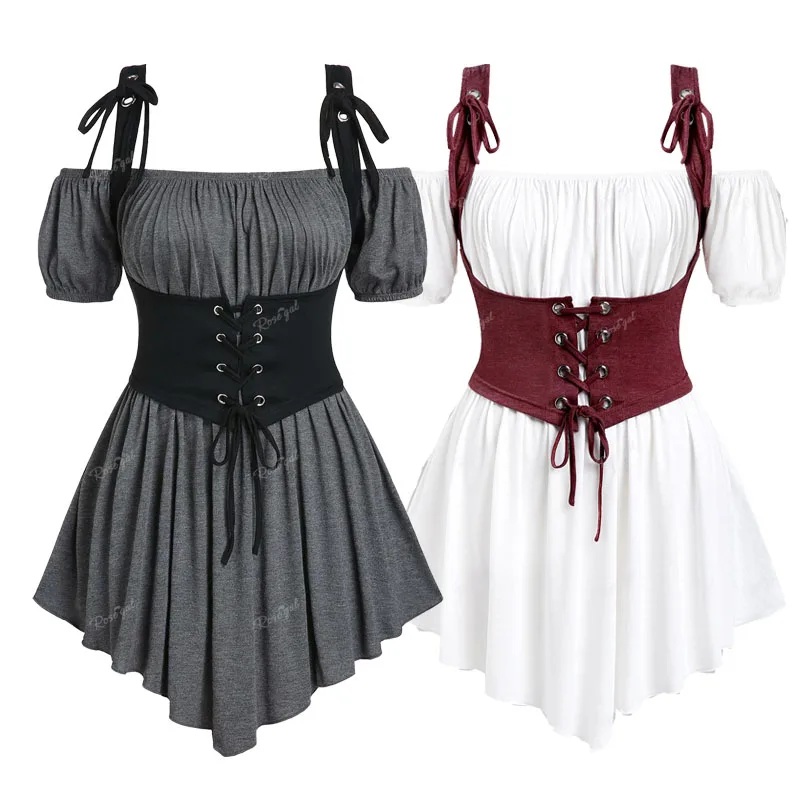 

ROSEGAL Plus Size T-Shirt With Waistcoat Soild Color Off Shoulder Ruched Asymmetrical Tee And Grommets Lace Up Corset