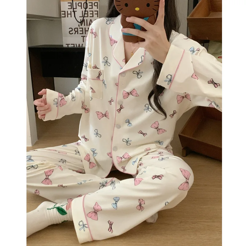 

Милые пижамы для девочек, весенне-осенние брюки с длинными рукавами, свободные женские стильные пижамы с узлом-бабочкой, элитная домашняя одежда для студентов