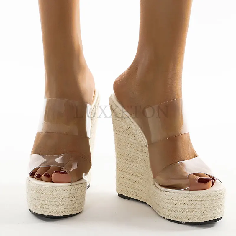 Summer PVC Transparent Peep Toe Cane Straw Weave Platform Wedges Slippers Sandals Women Fashion High Heels Female Shoes