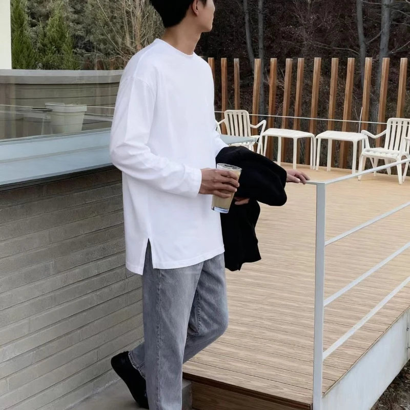 Men's Pure Cotton Long Sleeve T Shirt White Split Hem Loose Fit Base Layer Inner Tops Spring Summer Fall