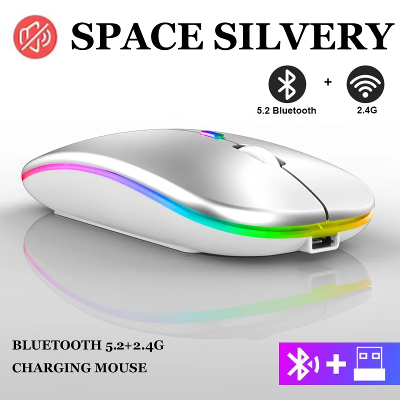 

Silent Rechargeable Bluetooth 5.2 Wireless Mouse With USB 2.4 GHZ RGB 1600DPI Mouse For Laptop Tablet Macbook Game Mouse Players