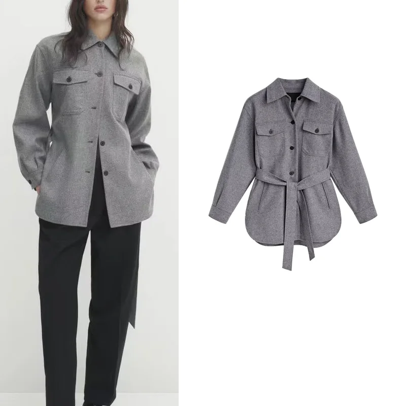 

Fashionable Versatile Plaid Flannel Shirt Jacket with Belt MD Women's New 2024 Long Sleeve Mid-Length Polyester Fiber