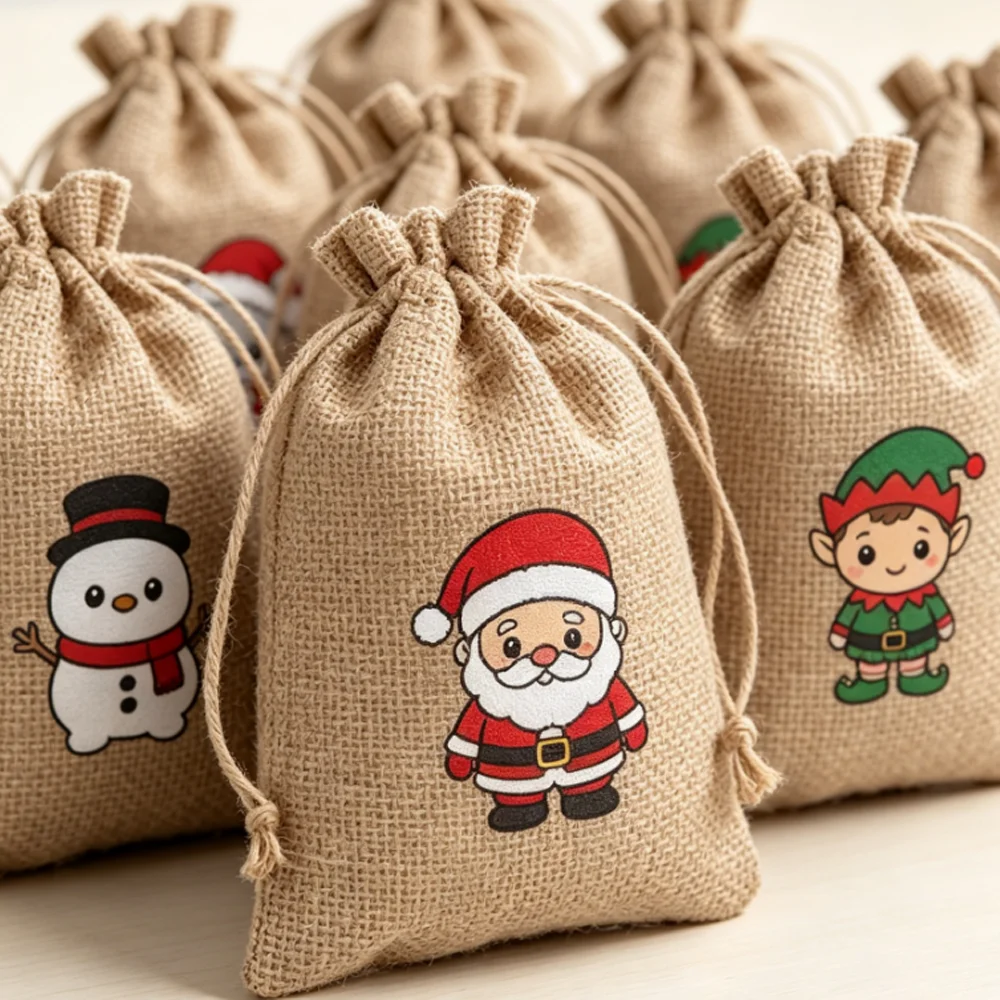 12Pcs 10x14cm Christmas Burlap Gift Bags Drawstring Jute Sacks Candy Goodie Treat Pouches Xmas Holiday Party Favor Supplies