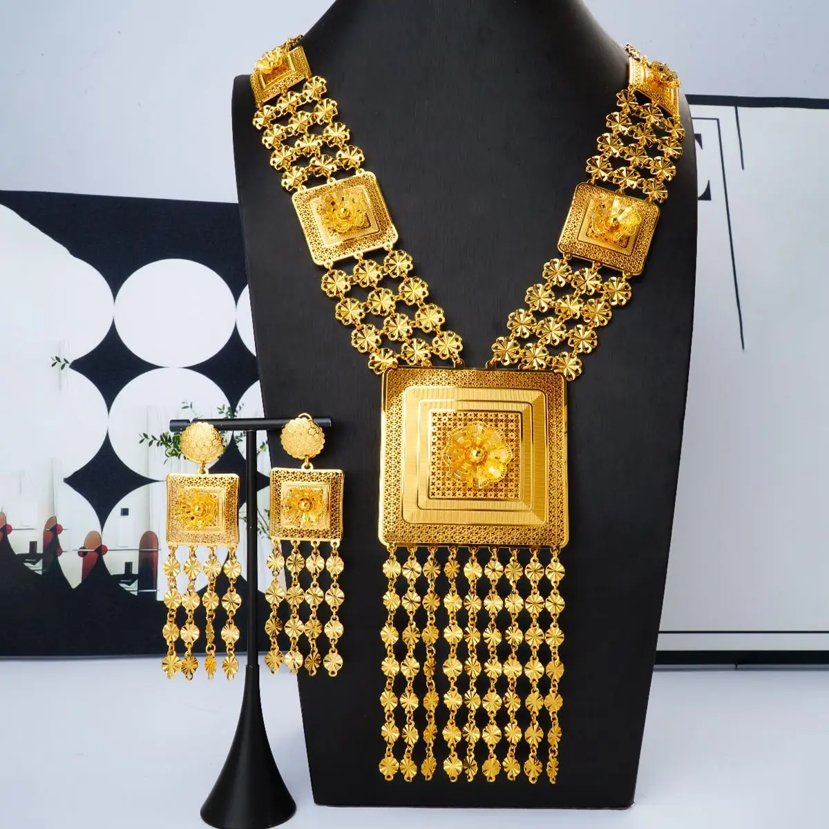 Luxury 24K 9999 Pure Gold real gold Middle East Dubai Style Flower Square Necklace Earrings Set Wedding Wedding Necklace