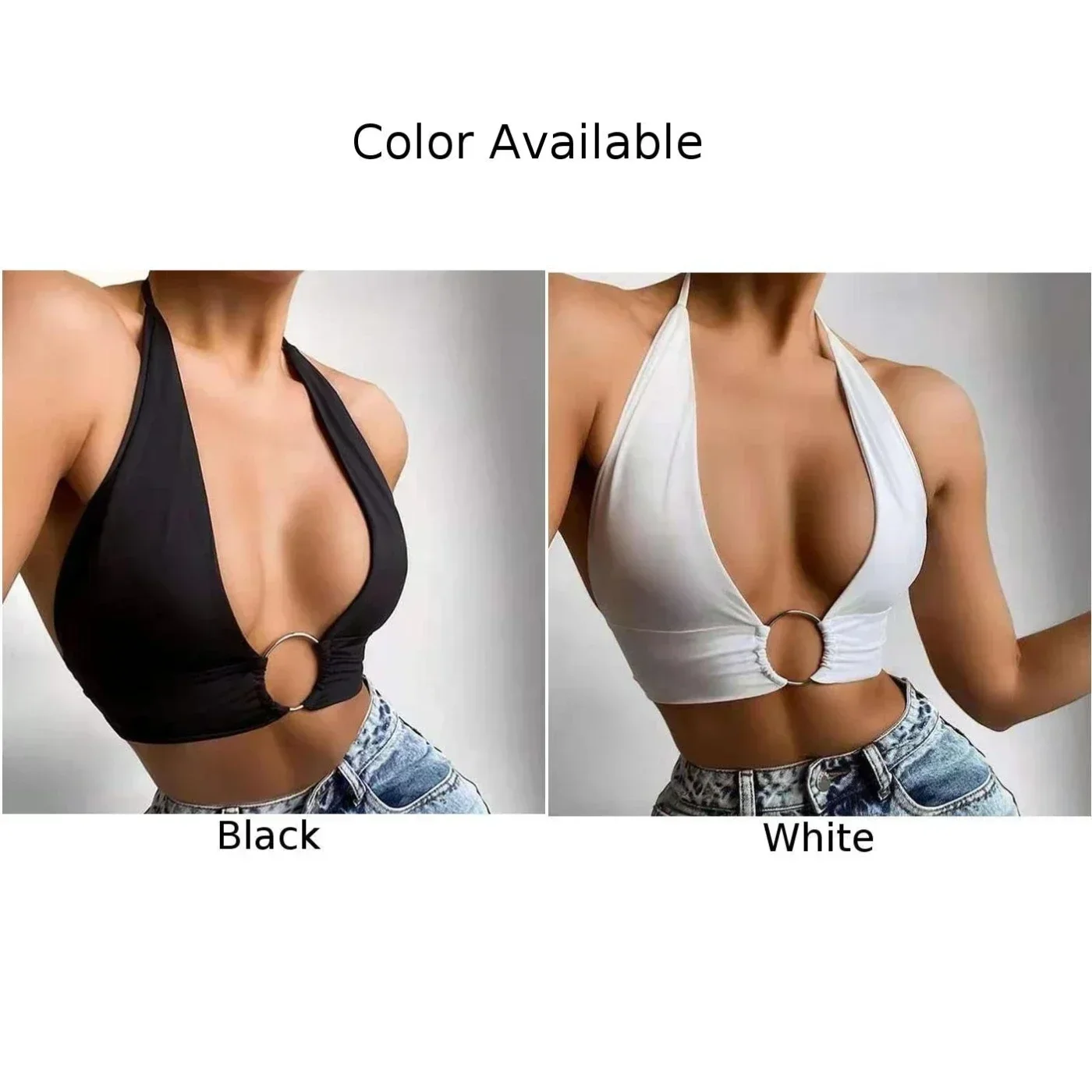 Sexy Wrap Deep V Neck Tank Women Y2K Ring Halter Neck Vest Crop Top With Ring Backless Bandage Tank Party Club Beach Tops Summer